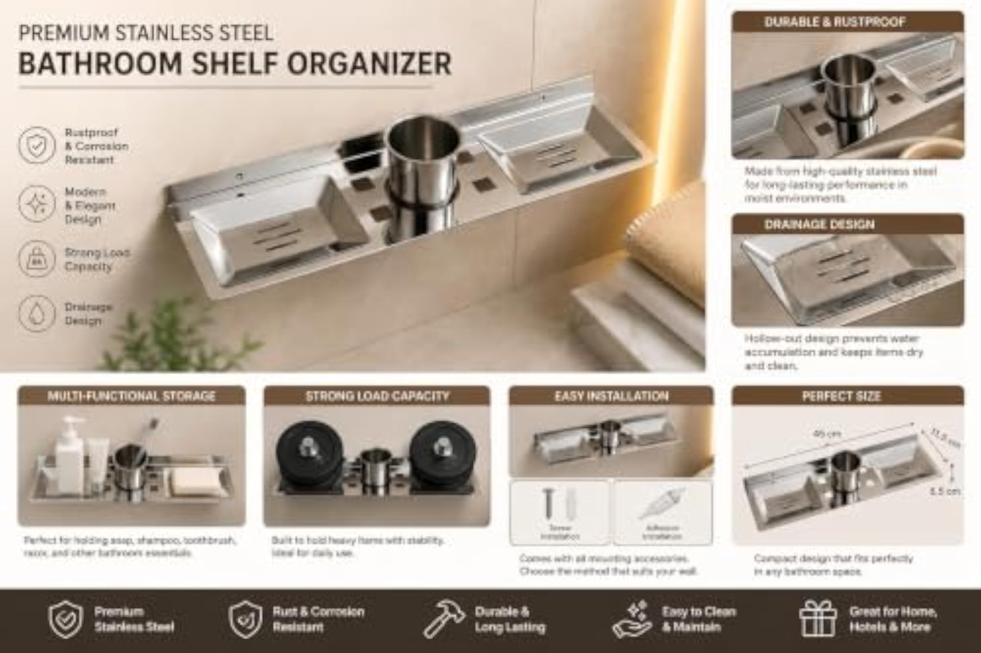 Stainless Steel Wall Mounted Double Soap Dish with Tumbler Holder